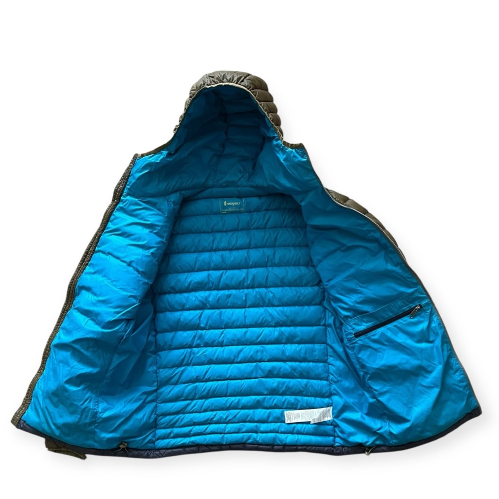 ‼️SOLD‼️ Cotopaxi Men's Fuego Hooded Puffer Jacket - Olive, Navy & Teal Stripes - Picture 6 of 11